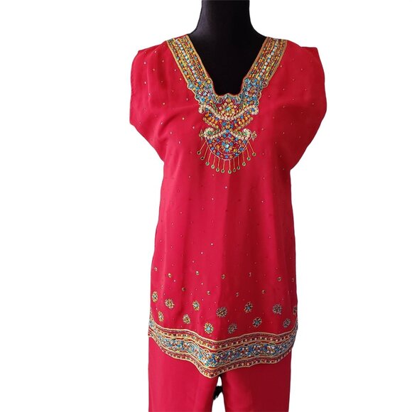 Red Ethnic Indian Tunic Top & Wide-Leg Pants Set Intricate Embroidery & Beading - Picture 2 of 11
